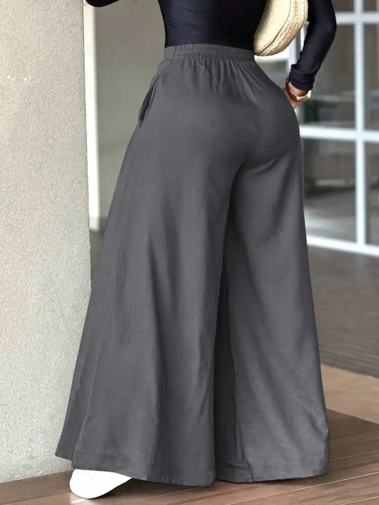 Pantalones anchos y sueltos de unicolor y casual para mujer, elegantes y minimalistas para la primavera - Gris Oscuro - Añade 7