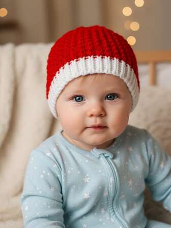 1pc Baby Knitted Hat, Lovely Red Color, Suitable For Daily Use, Autumn/Winter Season