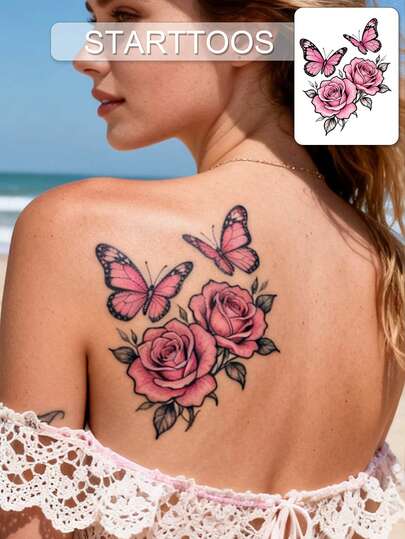 STARTTOOS Pink Rose & Butterfly Pattern Large Arm Tattoo Sticker, Suitable For DIY Carnival, Music Festival, Valentine's Day, Party Holiday Gifts, Sexy Thigh, Chest, Abdomen, Back, Shoulder, Collarbone Body Skin Waterproof Realistic Temporary Tattoo Sticker