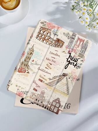 旅行风格插画图案平板电脑保护套，兼容 iPad 9.7/10.2/10.5/10.9/12.9/Pro 11（第十代），兼容三星 Galaxy Tab S6 Lite 10.4 英寸，兼容 Kindle Paperwhite 第十二代（2024 年），Kindle（第十一代）（2022 年版），柔软防摔，智能站立/自动唤醒/睡眠。