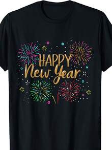 Feliz Año Nuevo 2025 Camiseta de Algodón para Hombre - Cuello Redondo Casual, Manga Corta con Diseño de Impresión Único, Perfecta para Verano y Otoño - Regalo Ideal, Mejor para Navidad - Negro - Ver 1