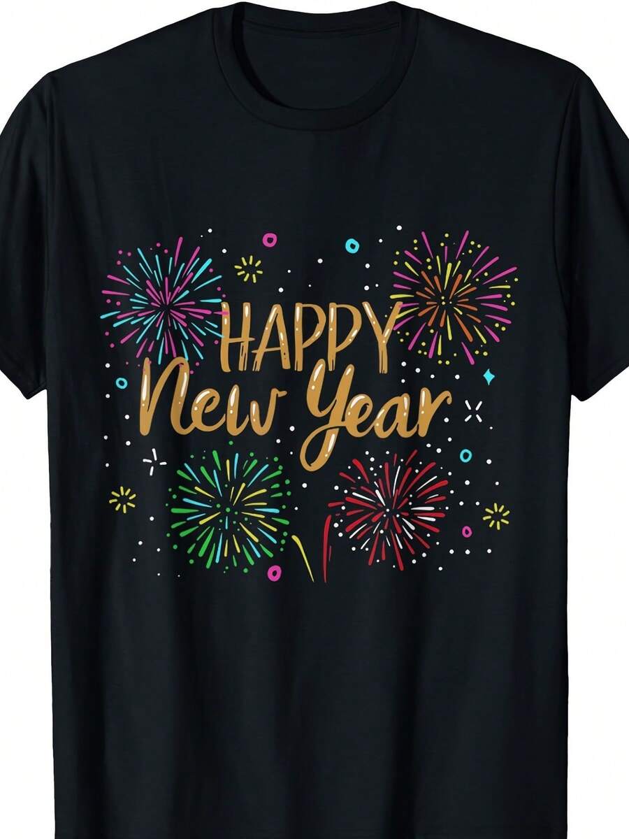 Feliz Año Nuevo 2025 Camiseta de Algodón para Hombre - Cuello Redondo Casual, Manga Corta con Diseño de Impresión Único, Perfecta para Verano y Otoño - Regalo Ideal, Mejor para Navidad - Negro - Ver 1