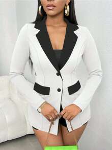 1pc Women's Casual Commuter Contrast Color Lapel Button Faux Pocket Cardigan Jacket White Spring - White - View 2