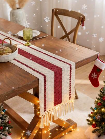 Boho Farmhouse Macrame-StyleTable Runner -Red Polyester Blendwith Tassels, Rectangular Design ForHome & Restaurant Decor, KitchenDining Table Centerpiece, DecorativeDining Accessory, Rustic Decor Ltem, Intricate Weaving, Durable Fabric,For Christmas-Decor
