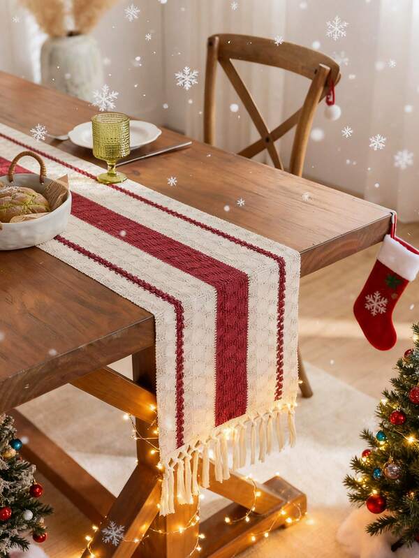 Boho Farmhouse Macrame-StyleTable Runner -Red Polyester Blendwith Tassels, Rectangular Design ForHome & Restaurant Decor, KitchenDining Table Centerpiece, DecorativeDining Accessory, Rustic Decor Ltem, Intricate Weaving, Durable Fabric,For Christmas-Decor