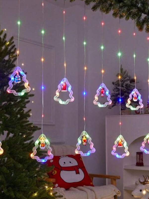 Guirlande lumineuse de rideau LED, guirlande lumineuse LED artificielle en forme d'étoiles avec figurines du Père Noël, bonhomme de neige et rennes, alimentée par USB avec télécommande, 8 modes réglables, convient pour Noël, chambre à coucher, cadeaux du Nouvel An, fêtes et mariages