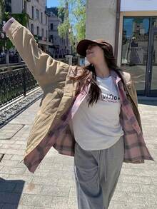 Women's Casual Plaid Long-Sleeve Shirt, Drop Shoulder Design, Button-Up Style, Non-Stretch Fabric, Suitable For Spring And Autumn - Red - View 5