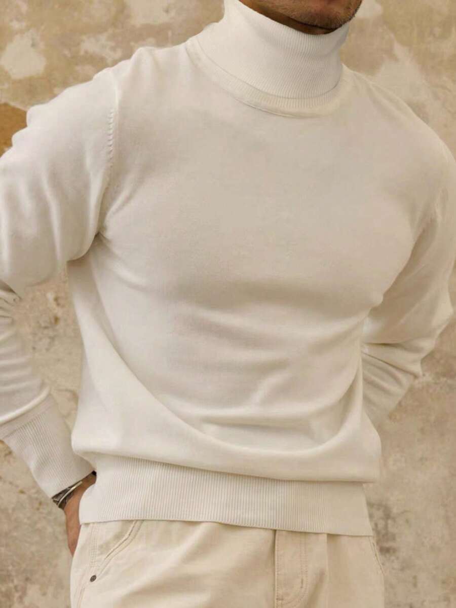 Men's Plain High-Neck Long Sleeve Casual Pullover Sweater, For Fall Winter - White - View 1