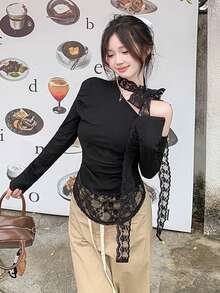 女士黑色休闲不对称肩部蕾丝拼接系带长袖上衣，适合冬季、圣诞节、春节、新年等场合穿着。 - 黑色 - 查看 3