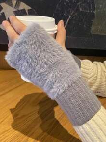 1/2 Pair Women Fluffy Solid Color Fingerless Gloves, Knitted Wrist Warmers For Outdoor Sports, Office, School, Suitable For Winter Daily Protection - Multicolor - View 12