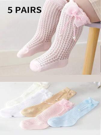 5 Pairs Girls Mesh Knee High Socks With Bow, Colorful Princess Baby Socks For Spring/Summer
