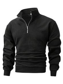 Men's Old Money Men Textured Jacquard Casual Sports Quarter Zip Sweatshirt, Long Sleeve Top - Black - View 2