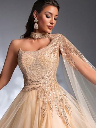 IBTRLY New Luxury Elegant Sparkling Sequin Embroidered Mesh Patchwork Flared Maxi Dress, Formal Party, Wedding, Birthday, Graduation, Eid Celebration, Evening Gown