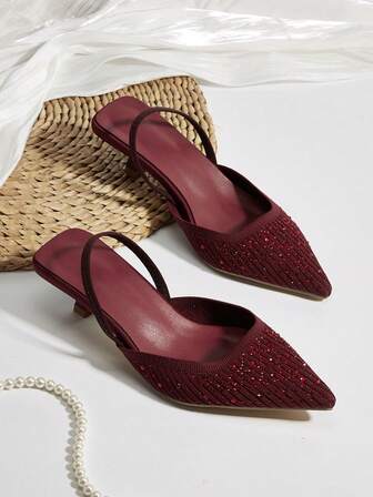 Women's Rhinestone Decor Kitten Heel, Pointed Toe Slip-On Knit Mules, Fashionable & Elegant Party & Formal Low Heel Shoes