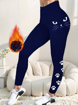 Women's High-Waisted Elastic Warm Butt Lift Slim Fit Leggings - Cat Paw Print Velvet, Soft & Stretchy Yoga Pants For Outdoor Cycling, Running, Yoga, Autumn & Winter