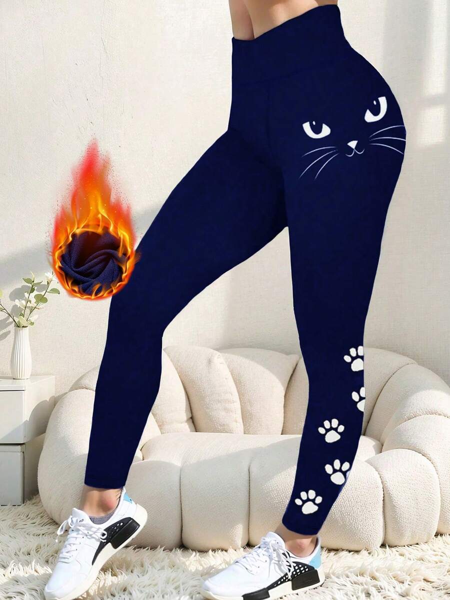 Women's High Waist Elastic Warm Lifting Shaping Leggings - Cat Paw Print Velvet, Soft Stretchy Yoga Pants, Suitable For Outdoor Cycling, Running, Yoga, Autumn/Winter Sports - Navy Blue - View 1