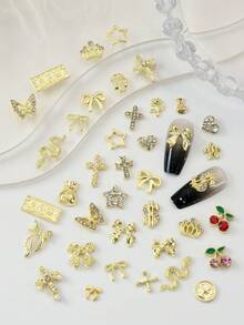 20件套金色美甲饰品和宝石，3D金色十字架美甲饰品，闪亮蝴蝶结樱桃皇冠金币美甲饰品，美甲用品 - 金色 - 查看 3