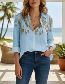 Women's Cotton Linen Blouse Long Sleeves Plus Size - Blue With Flowers - View 1