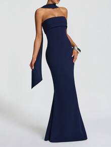 UNITHORSE Solid Color Elegant Asymmetric/Asymmetrical Zipper Ruffle Formal Evening Gown - Navy Blue - View 4