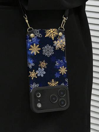 1pc Adjustable PU Leather Crossbody Strap + 1pc Vintage Minimalist Blue Snowflake Pattern Leather Texture Soft Protective Phone Case, Suitable As Birthday, Holiday Gift For Friends, Family, Couples, Fits And Phones