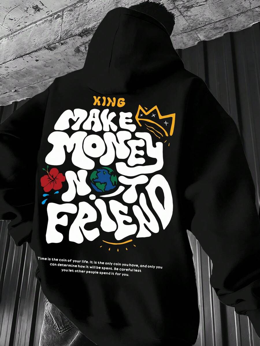 [Motivational Hooded Sweatshirt] Men's Casual Hooded Sweatshirt - Black Geometric Print with Bold MAKE MONEY NOT FRIEND Graphic & Crown Design  Regular Fit SpringFall Streetwear, Motivational Text Slogan, Durable Casual Attire, Urban Fashion, Comfortable Fabric, Pullover Hoodie, Urban Lifestyle - Negro - Ver 1