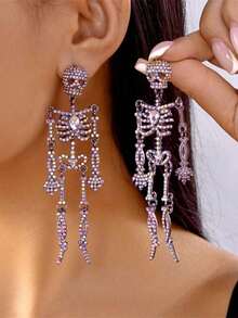 2pcs Gun Black Exaggerated Rhinestone Skull Earrings, Halloween - 圖片色 - 查看 2