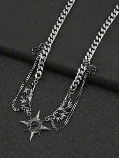 1pc Y2K Black Feather Wing & Star Pendant Necklace, Punk Hip-Hop Gothic Grunge Cool Girl Choker Multi-Layer Stacked Stainless Steel Chain, Goth Alternative Unique Collarbone Chain Edgy Dark Jewelry For Music Dance Festivals Or Vampire-Themed Evening Glam