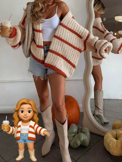 Blusa de mujer con bloques de color y rayas, suéter de cuello redondo de manga larga con botones, ropa casual de calle, adecuada para todas las estaciones y muy popular para prendas exteriores de mujer, atuendos de oficina de mujer, cárdigan de mujer, atuendo navideño para mujer, atuendo de Acción de Gracias para mujer.