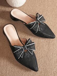 Women's Pointed Toe Slip-On Pumps, Black, Versatile Bow Lace Fabric, Elegant For Formal Events, Commute, Fashion, Sexy, Mid-Heel Mules, Suitable For All Seasons - Black - View 1