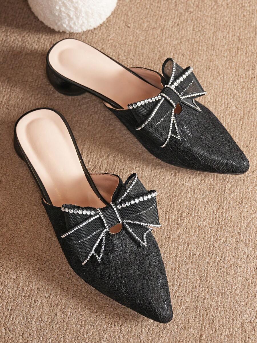 Women's Pointed Toe Slip-On Pumps, Black, Versatile Bow Lace Fabric, Elegant For Formal Events, Commute, Fashion, Sexy, Mid-Heel Mules, Suitable For All Seasons - Black - View 1