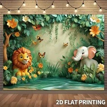 2D 1 Piece Holiday Party Indoor And Outdoor Decoration Backdrop - Polyester Multipurpose Backdrop, Tropical Rainforest Theme, Wildlife Park Animal Theme, Wall Decoration Backdrop For Wedding, Bridal Party, Birthday, Baptism - Multicolor - View 1