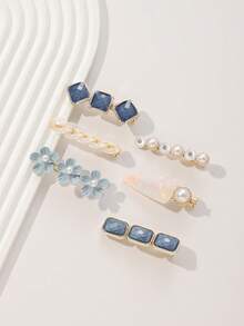 6个装多色贝壳花朵和仿珍珠装饰高级发夹，女士日常佩戴爪夹发卡，上学用品，珍珠发饰，度假装扮