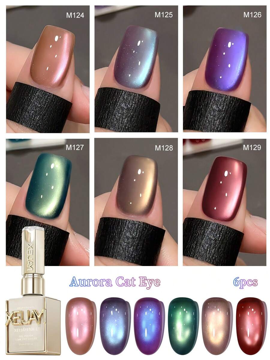 XEIJAYI 6pcs Aurora Cat Eye15ml Gel Nail Polish Set Glitter Sequins Nail Polish Set Kit Soak Off Uv Varnish Nail Art For Manicure Nail Design - 彩色 - 查看 1