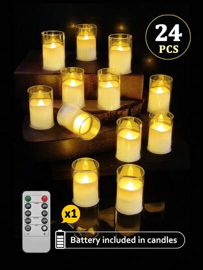 6/12/24pcs Set Flameless Candle Lights With Timer/Remote Control, Transparent Simulated Glass Cover LED Tea Lights, Battery Powered Flameless Votive Candles, Suitable For Home, Wedding, Party, Halloween, Christmas, Dining Table, Holiday Decor