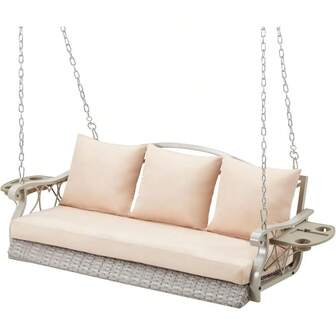 3-Person Wicker Porch Swing Chair Heavy Duty 900 LBS Outdoor Rattan Patio Swing Chair W/Cup-Holder & Steel Chains Hanging Bench Porch Swing Cushions For Deck & Backyard & Garden