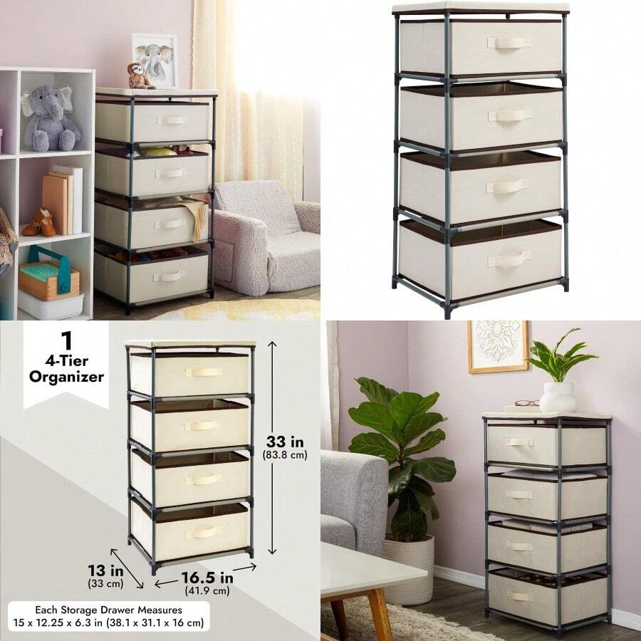 Ml Juvale 4-Tier Dresser For Bedroom - 16.5 In L X 13 In W X 33 In H Beige Metal And Fabric - Freestanding Closet Organizer With Fabric Storage Drawers - Narrow Dresser And Cabinet With Drawers10101 - 米色 - 查看 1