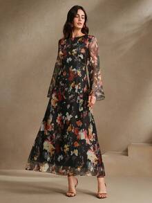 Elegant Women's Midi Arabian Dress With Floral Print Three Quarter Length Sleeves Woven Fabric Non-Stretch
