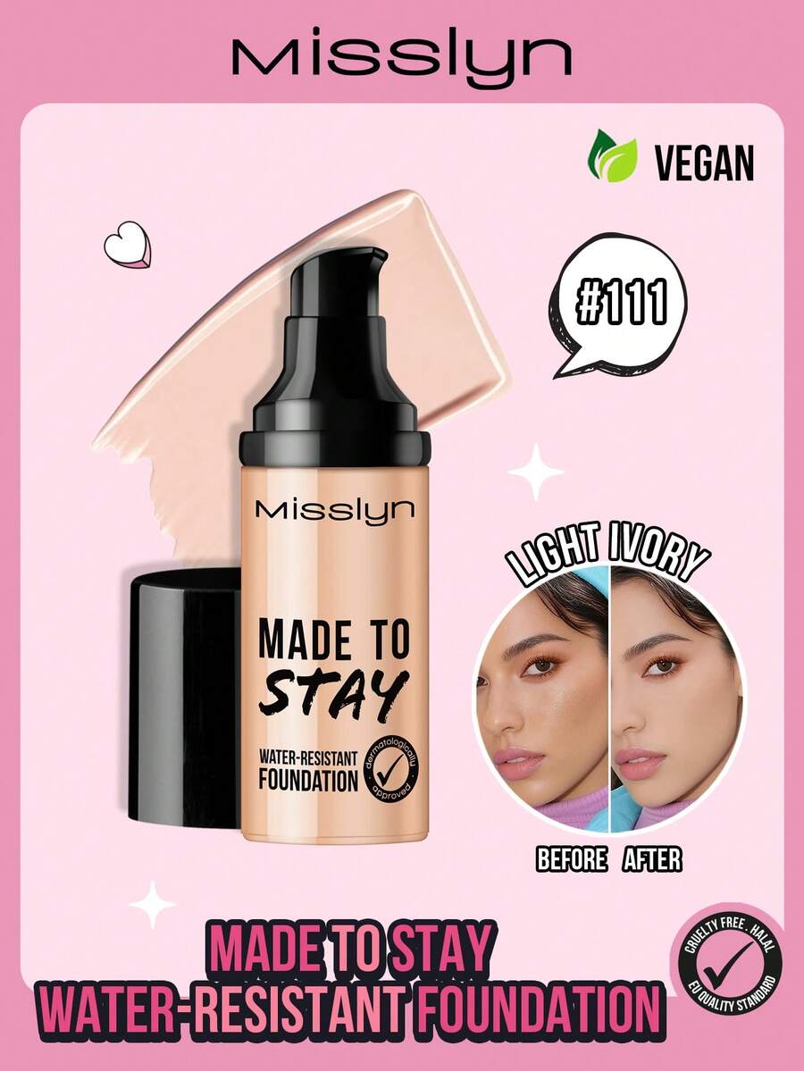 MISSLYN 1pc Made To Stay Water-Resistant Foundation,High Coverage Cream Foundation,Long-Lasting Smudge-Proof Makeup,Even Skin Tone With Nourishing Creamy Texture For Daily Wear,Party & Y2K Looks,Brand Beauty Cosmetic