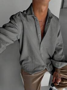 Men's Casual Fashionable Daily Wear Versatile Striped Shirt, Long Sleeve Top - Dark Grey - View 2