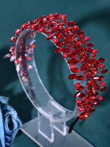 1pc Handmade Bridal Rhinestone & Pearl Headband, Silver Metal Women's Wedding Hair Accessory, Bridesmaid Gift - Red - View 5