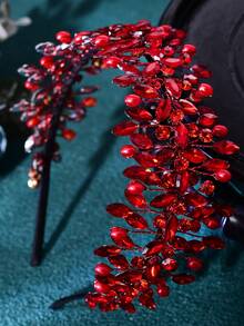 1pc Handmade Bridal Rhinestone & Pearl Headband, Silver Metal Women's Wedding Hair Accessory, Bridesmaid Gift - Red - View 7