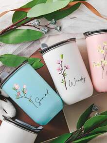 1pc Custom Floral Pattern Stainless Steel Travel Mug, Custom Stainless Steel Mouthwash Mug, Personalized Name 300ml Stainless Steel Milk Cup, Stainless Steel Tumbler, Double Insulated Coffee Mug With Personalized Name Option, Cold Drink Mug, U-Shaped Coffee Cup, Elegant Mist Finish, Double Insulated Vacuum Seal Cup