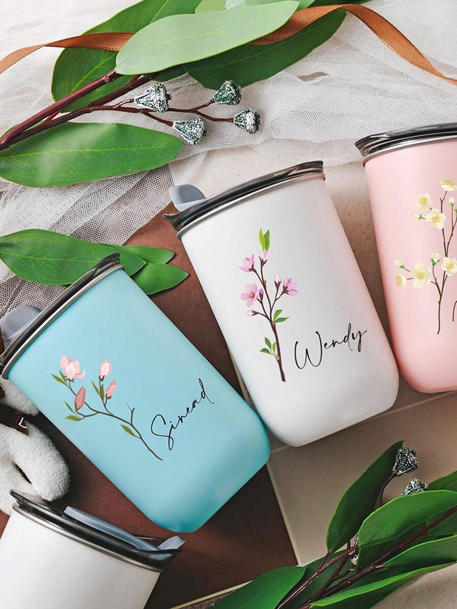 1pc Custom Floral Pattern Stainless Steel Travel Mug, Custom Stainless Steel Mouthwash Mug, Personalized Name 300ml Stainless Steel Milk Cup, Stainless Steel Tumbler, Double Insulated Coffee Mug With Personalized Name Option, Cold Drink Mug, U-Shaped Coffee Cup, Elegant Mist Finish, Double Insulated Vacuum Seal Cup