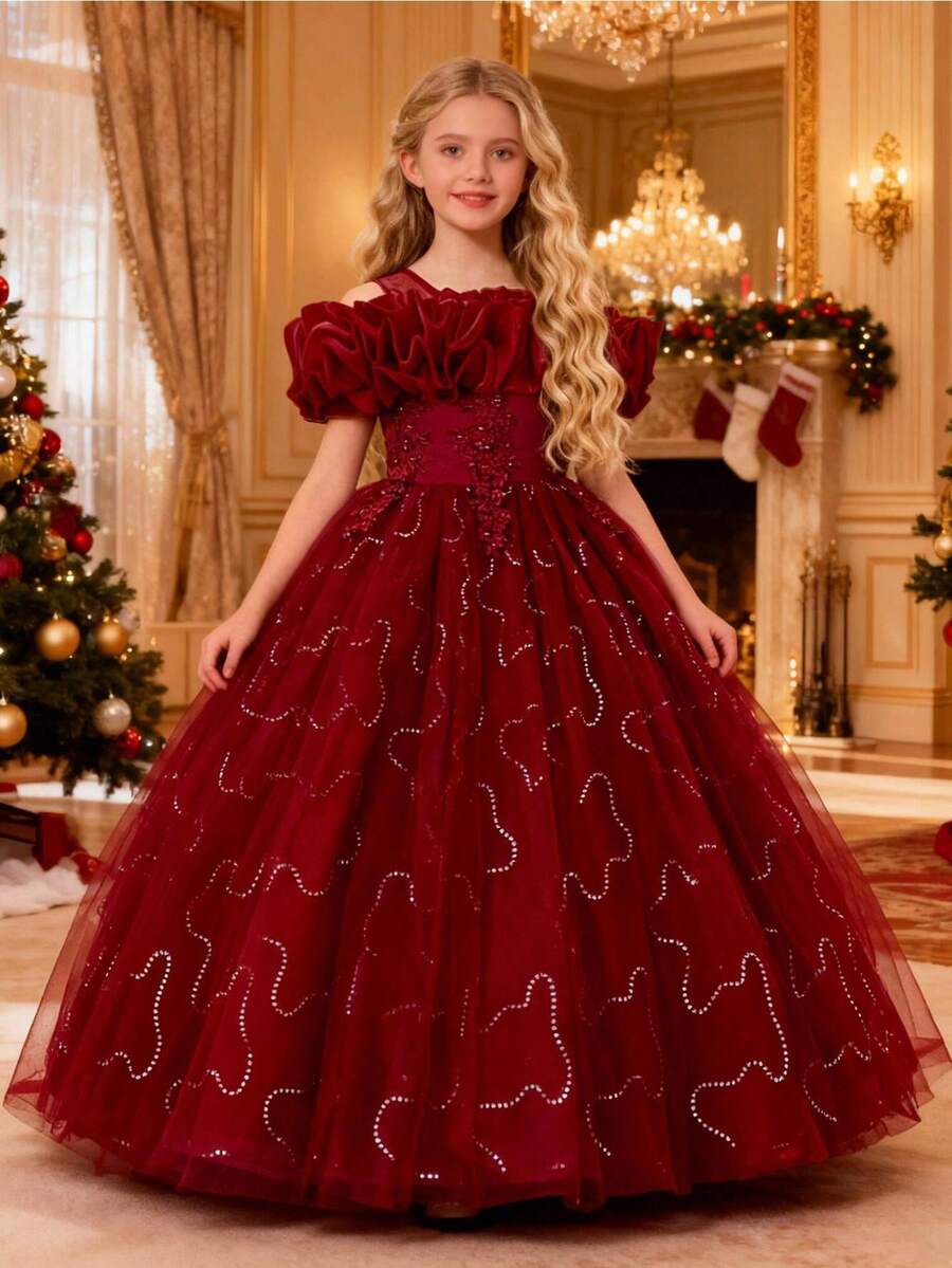 Tween Girls Ruffle Off-Shoulder Pink Party Dress, Floral Embroidery, Birthday Party, Wedding, Graduation Ceremony, Elegant Children Dress - Burgundy - View 1