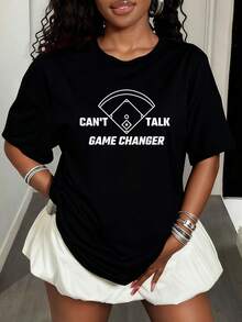 Can'Talk Game Changer Baseball Design T-Shirt, Funny, Fashionable Casual Women's Graphic Tees, Sports Top For Women - 黑色 - 查看 8