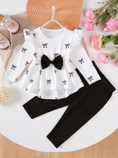 Baby Girl's New Cute Heart-Shaped Printed Long Sleeved Pants Set For Autumn And Winter, With A Bow Top And Comfortable Solid Color Pants. Baby Set Suitable For And School, Back To School Season, Back To School Season, Discounted Hot Items, Perfect For Outdoor