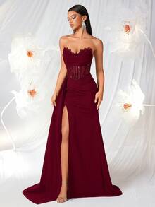 ADYCE Elegant V-Neck Sheer Lace Mermaid High Waist Belted High Slit Backless Floor-Length Evening Gown, Suitable For Wedding Guest, Party, Prom, Date Night, Formal Dinner, Christmas Party And Other Occasions - Burgundy - View 8