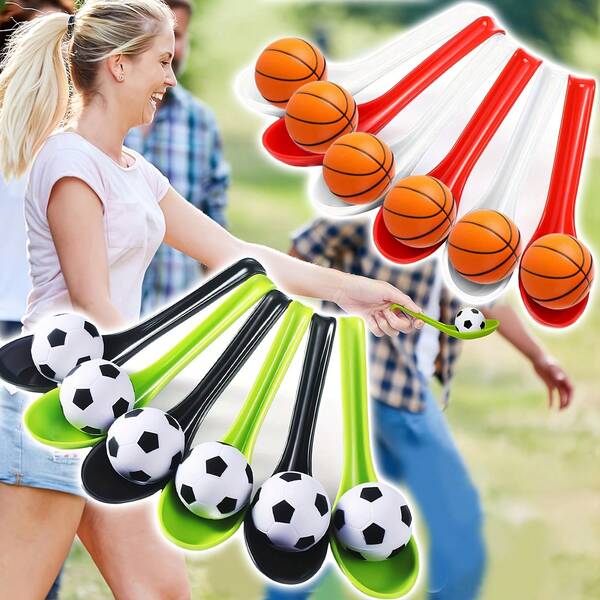 Jogo de Revezamento com Colheres de Plástico (6/10 peças) com Bolas de Espuma Temáticas de Futebol e Basquete - Ideal para Eventos Familiares, Festas de Carnaval, Festivais, Caça aos Ovos de Páscoa, Aniversários, Dia das Mães, Formaturas e Corrida de Colheres e Bolas de Espuma para Jogos Escolares e Esportivos.