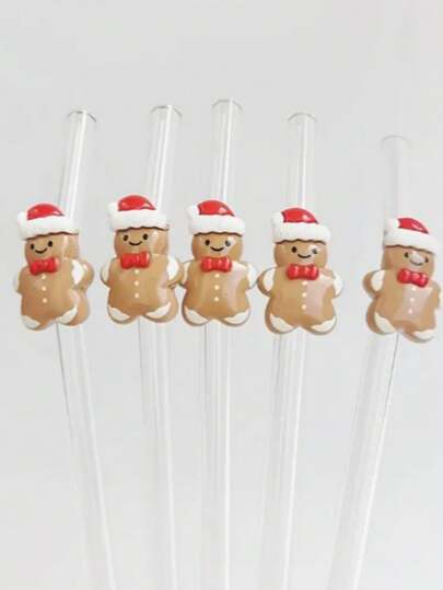 1pc Reusable Glass Straw With Cute Gingerbread Pattern, Elegant Holiday Party Drink, Suitable For Christmas, Halloween, Valentine's Day, Thanksgiving - Perfect Gift For Her, Home Or Office Decor, Holiday Drinkware, Fun Beverage Accessory