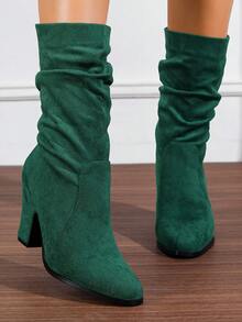 Chunky Heel Slouchy Boots Round Toe Suede Slim Tall Boots For Women, New Autumn/Winter Mid-Calf Riding Boots With Fur - Olive Green - View 5